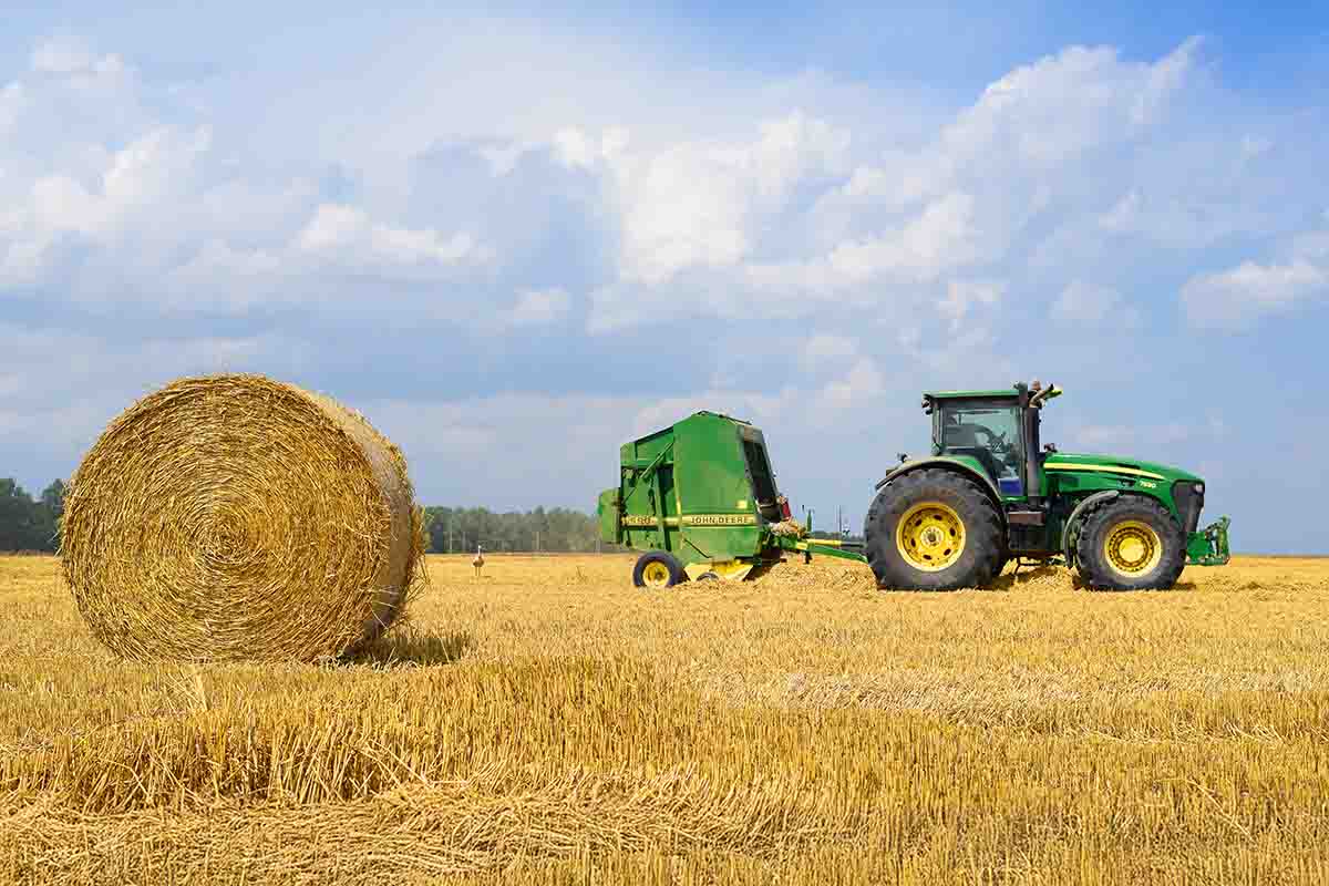 Tractor working in golden hayfield.